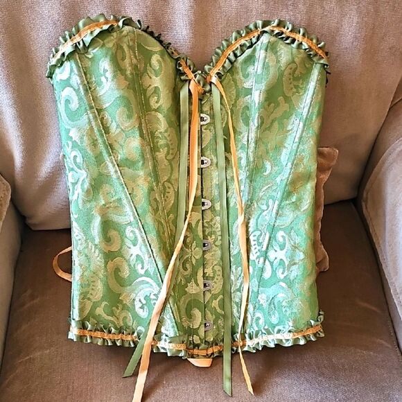 Bustier Green And Gold Fastening Front Lace Up Back Boning Silver Hardeare Small - Picture 1 of 6
